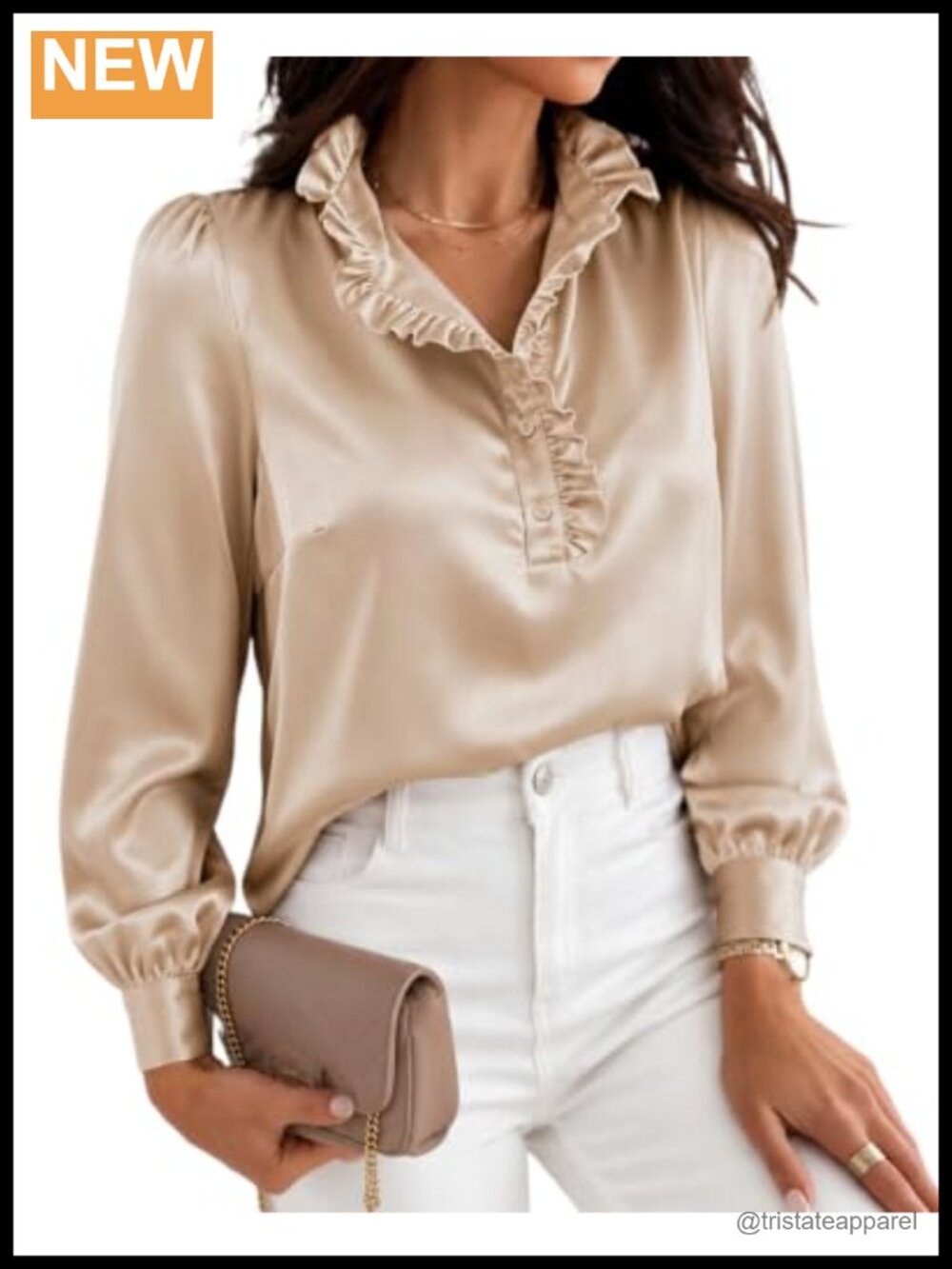 Satin Blouse Women V Neck Ruffle Lantern Sleeve